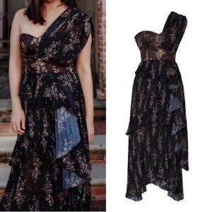 AMUR Asymmetric Gown One Shoulder Tiered Ruffle Dress Luxe Maxi Floral Unique 10